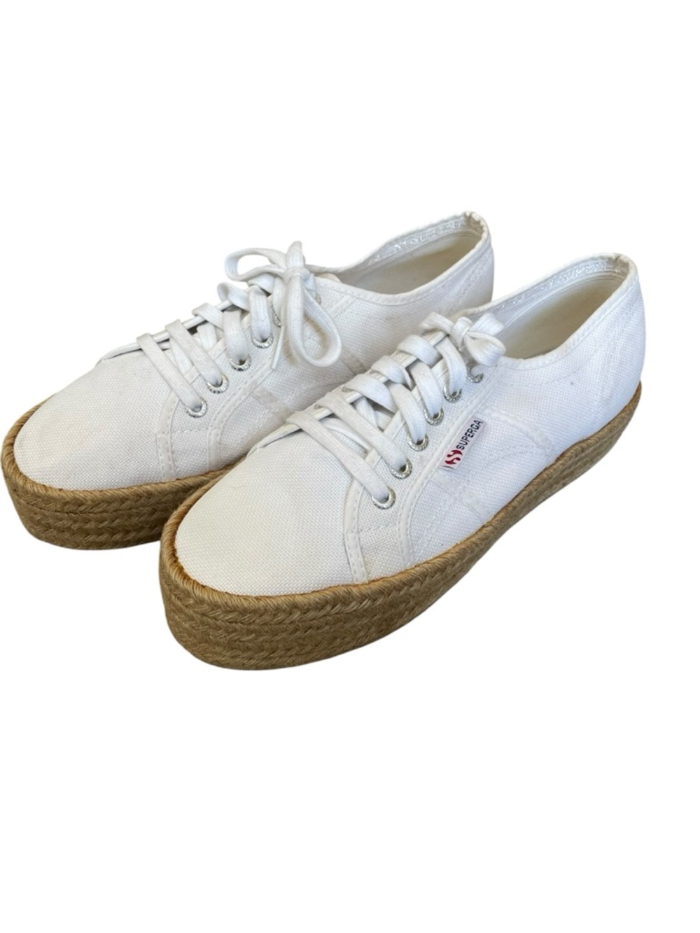 Superga White Canvas Jute Platform Sneakers